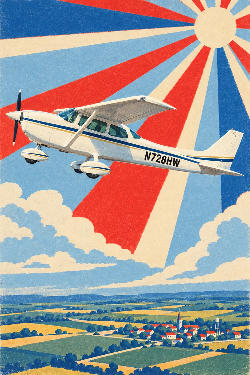 The sample high-wing N728HW painted as a 1931 airmail poster: a sunburst behind it, flat bands of sky, its navy and gold cheatline and registration as photographed