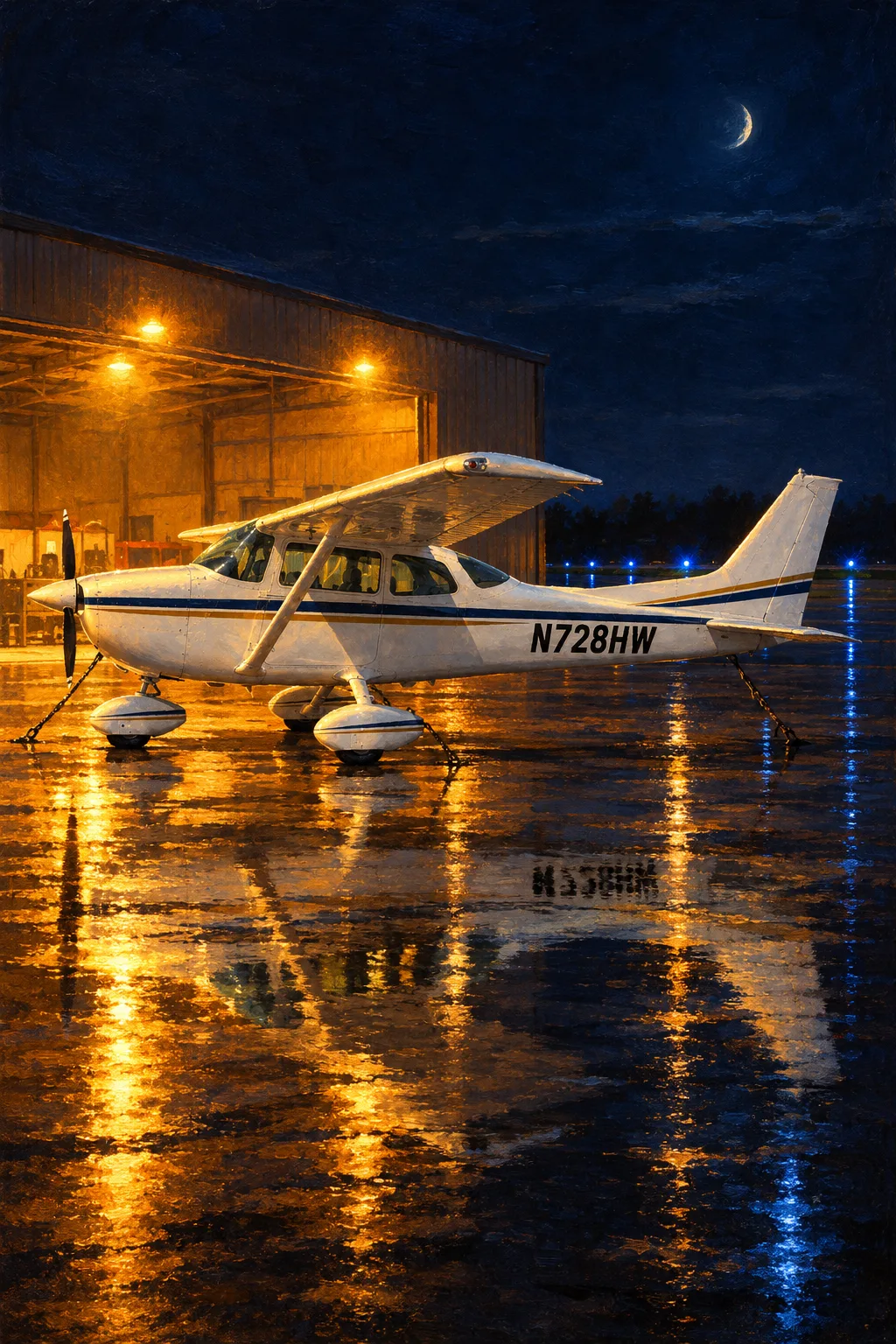 A high-wing single parked on a wet ramp at night under sodium light, painted as a nocturne, its registration N728HW on the fuselage
