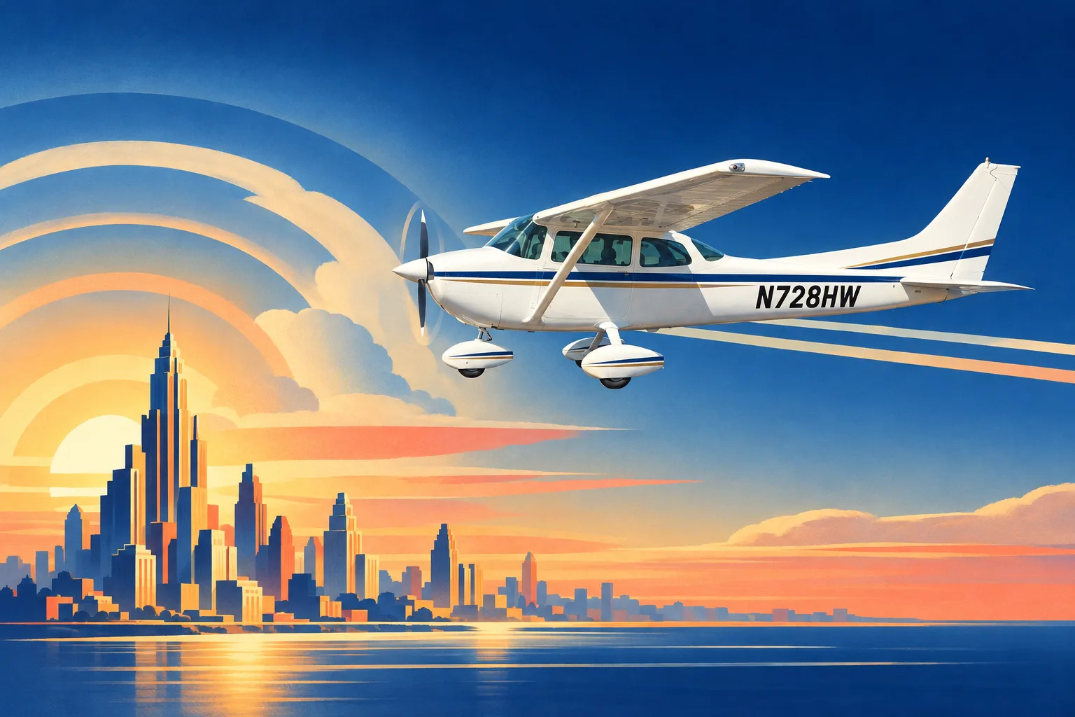 The High-Wing, a sample aircraft, painted wide in the Deco Airline Poster 1935 style: Your aircraft, in an Art Deco airline poster