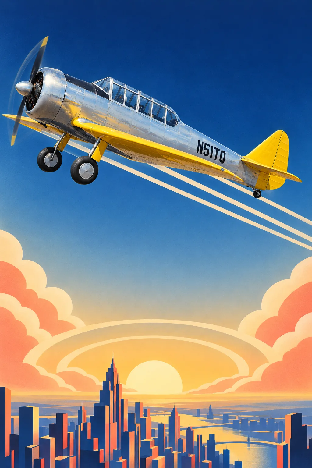 The Warbird, a sample aircraft, painted in the Deco Airline Poster 1935 style: Your aircraft, in an Art Deco airline poster