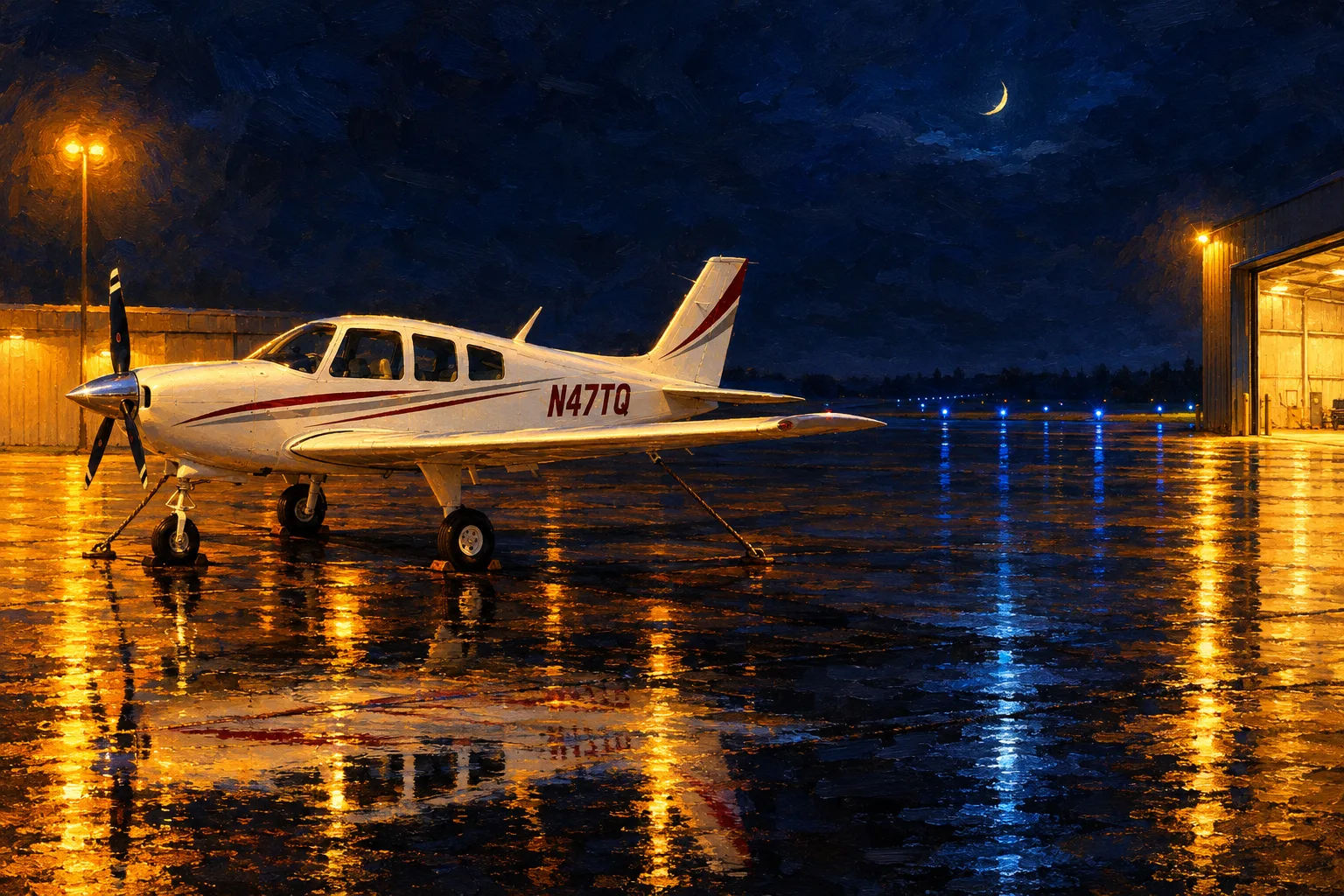 The Low-Wing, a sample aircraft, painted wide in the Night Ramp style: Your aircraft, on the ramp under hangar light