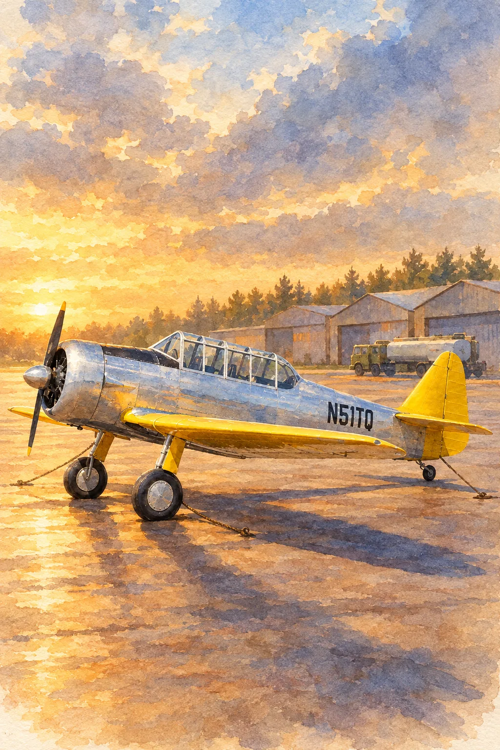 The Warbird, a sample aircraft, painted in the Ramp Watercolour style: Your aircraft, on the ramp at golden hour