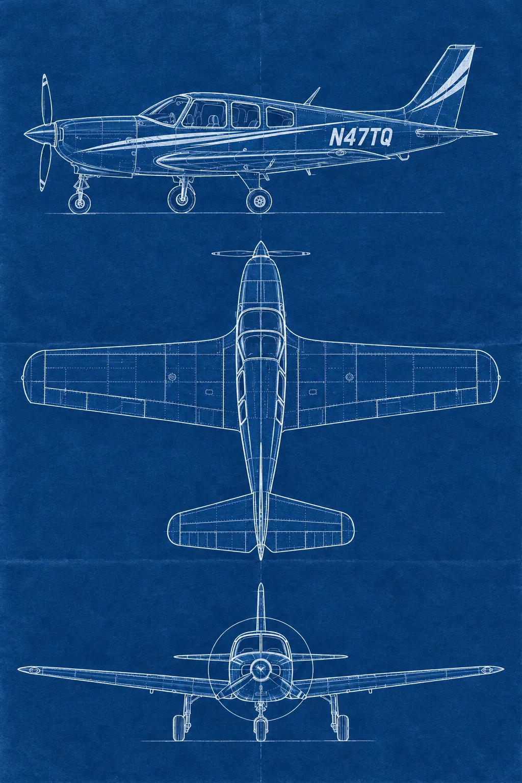 The Low-Wing, a sample aircraft, painted in the Three-View Blueprint style: Your aircraft, drawn in three views on blue